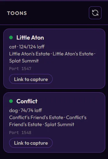 Toons sidebar showing connected toons